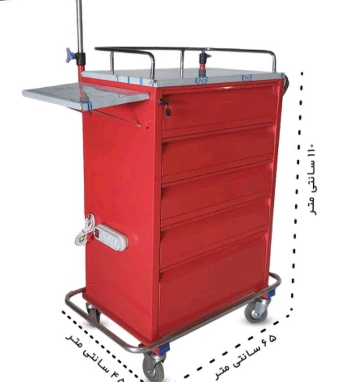 ترالی اورژانس پنج کشو استیل با قفل مرکزی و چرخ فلزی | ترالی پزشکی مقاوم و کاربردی